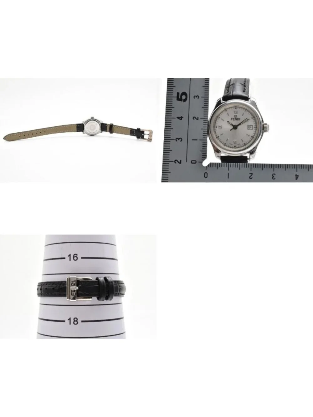 Fendi Quartz Watch Gray Dial Roman Numeral Date Stainless Steel Black Leather